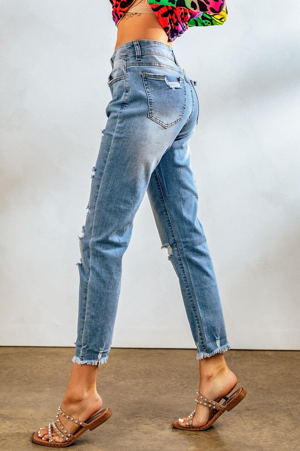 Light Blue Distressed Boyfriend Denim Pants - L & M Kee, LLC