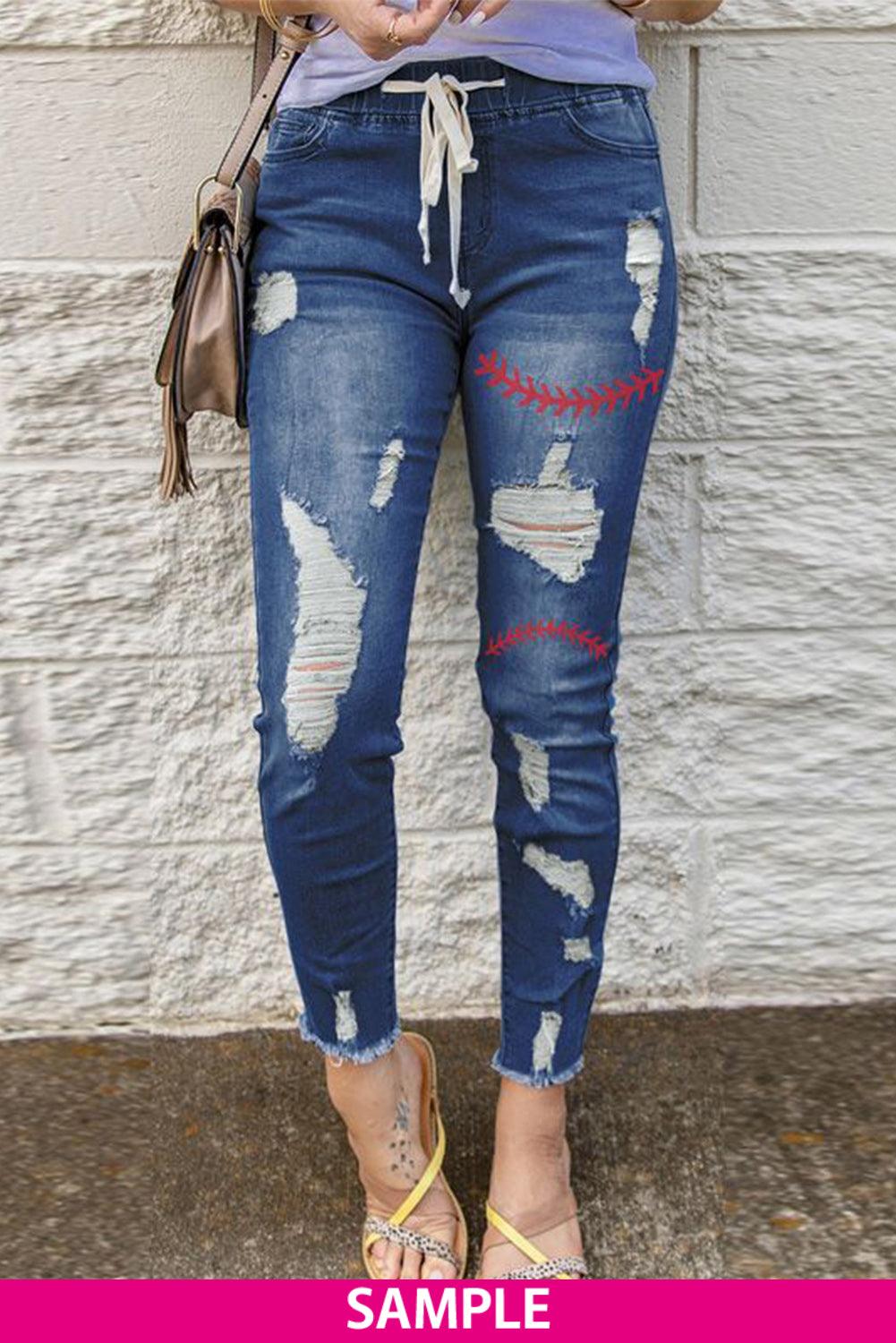 Blank Apparel - Blue Drawstring Elastic Waist Hole Ripped Jeans - L & M Kee, LLC