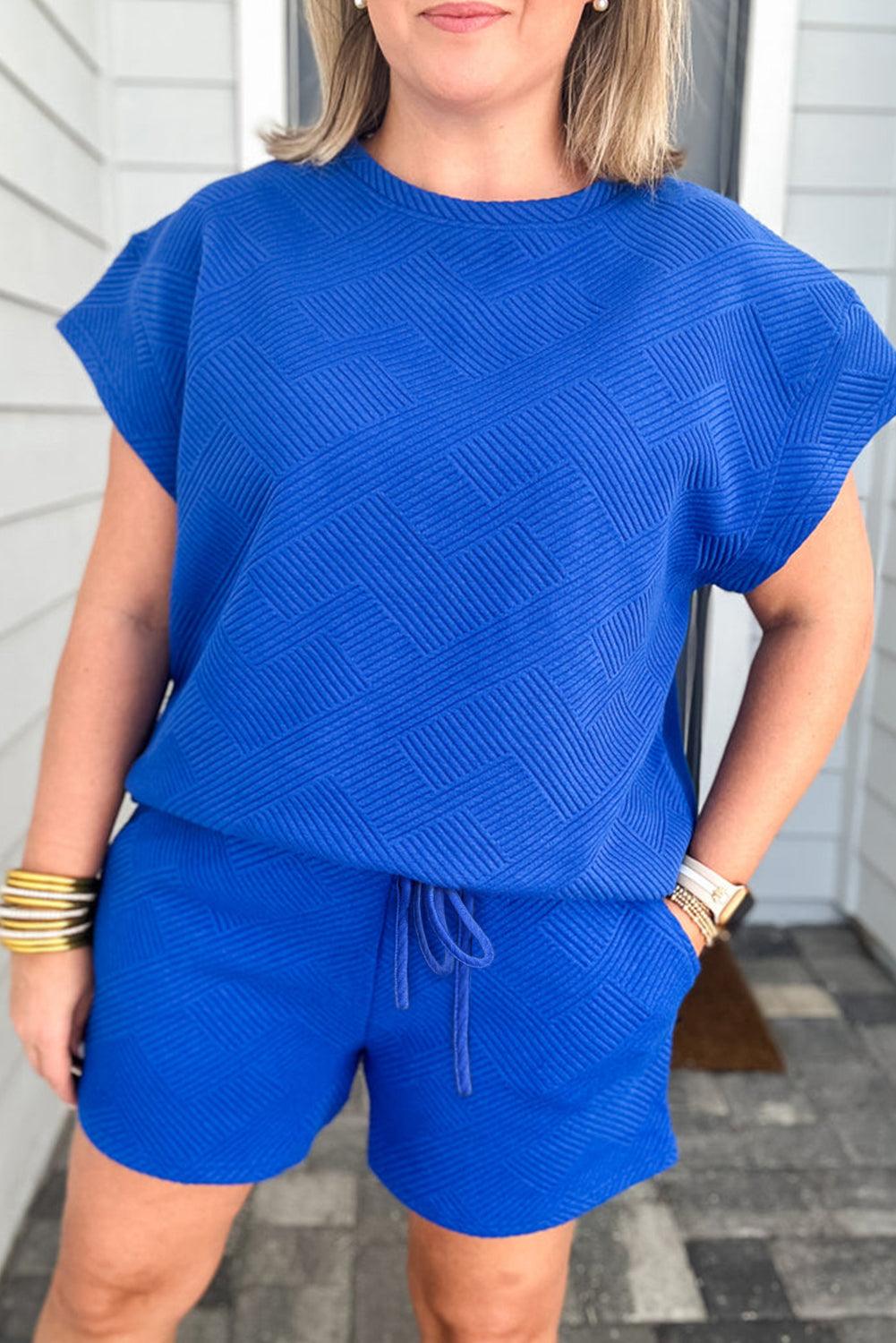 Dark Blue Plus Size Fashion Textured Short 2pcs Outfit - L & M Kee, LLC