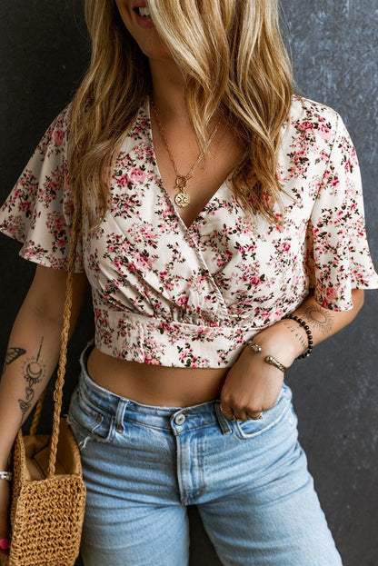 Pink Floral Print V Neck Wrapped Cropped Blouse - L & M Kee, LLC