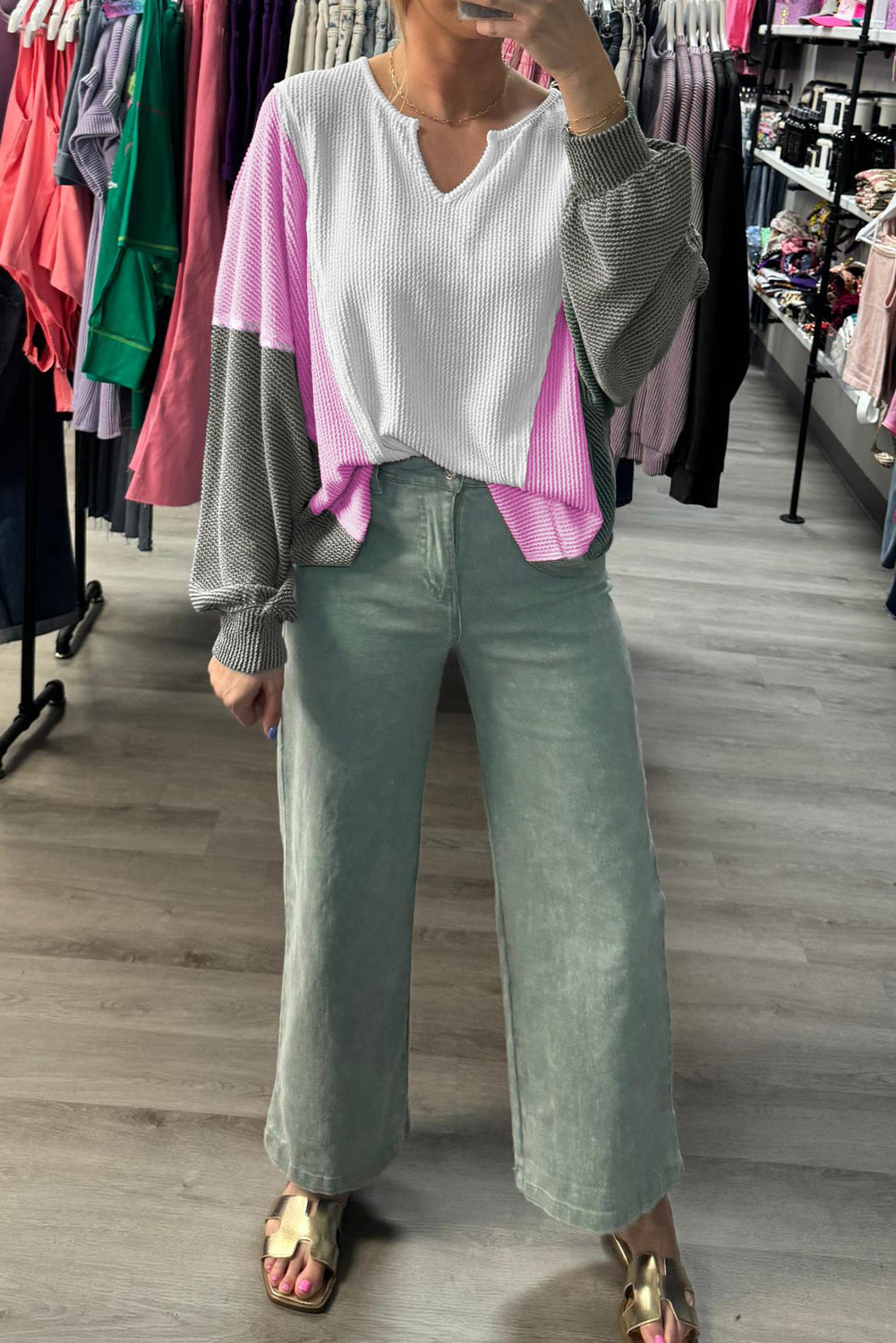 White Spiral Ribbed Raw Seam Color Block Patchwork Long Sleeve Top