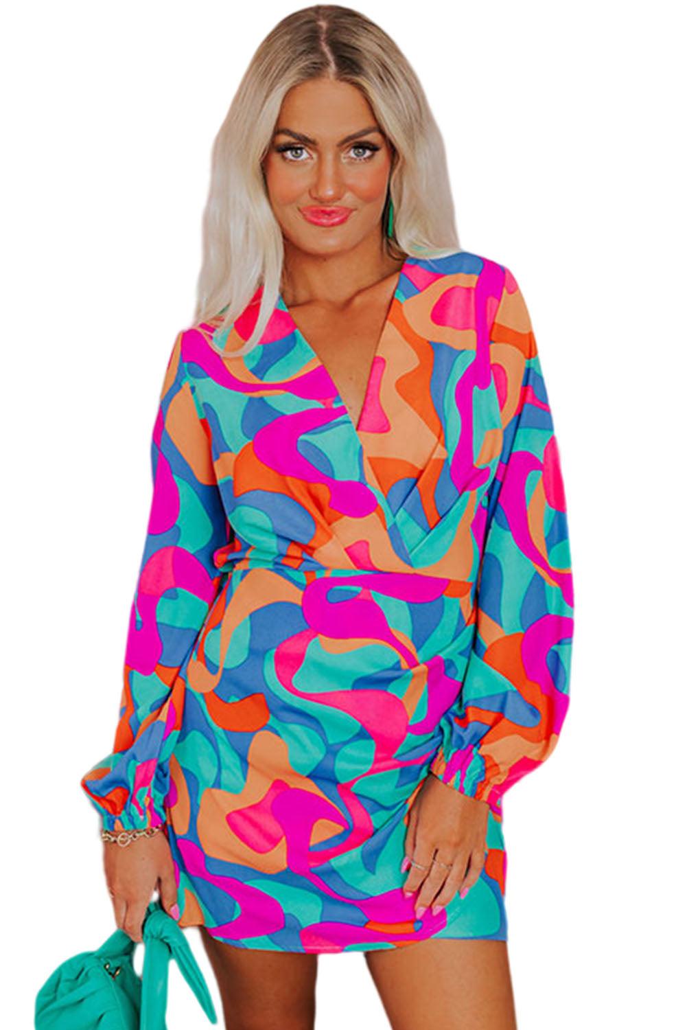 Multicolor Abstract Print Wrap V Neck Puff Sleeve Dress - L & M Kee, LLC