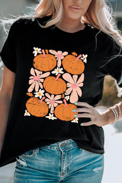 Black Pumpkin Flower Square Graphic Tee - L & M Kee, LLC