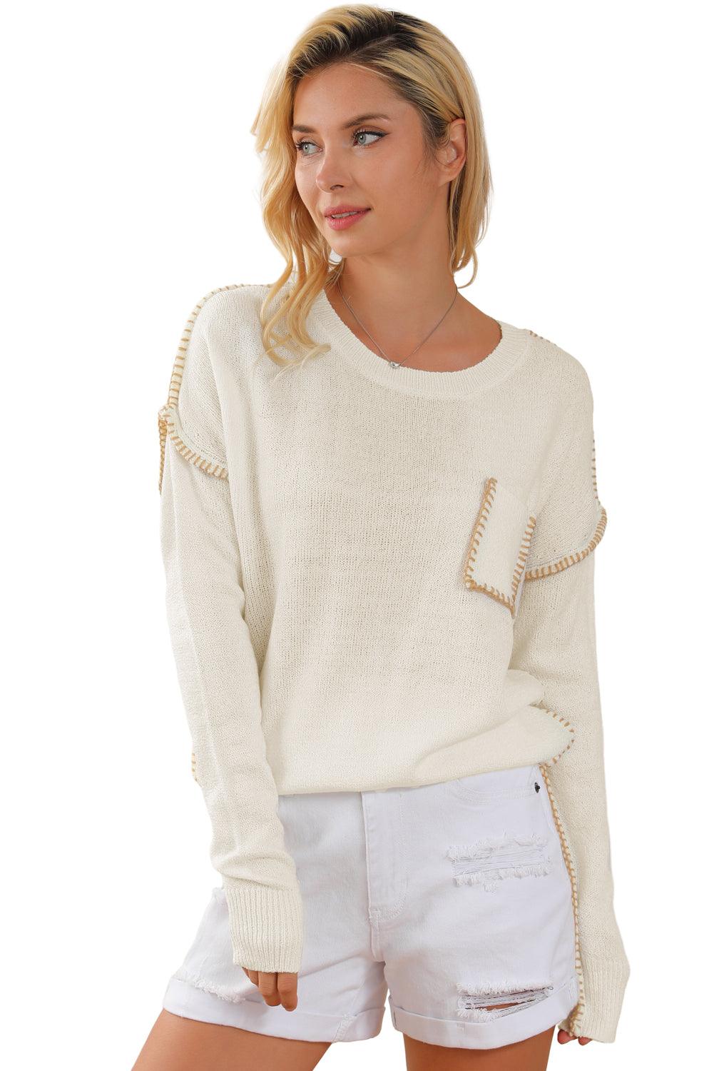 Beige Exposed Stitching Chest Pocket Drop Shoulder Sweater - L & M Kee, LLC