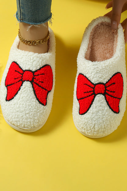 White Sweet Bow Knot Plush Warm Slippers