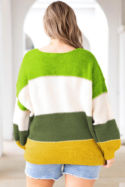 Green Plus Size Color Block Patchwork Sweater - L & M Kee, LLC