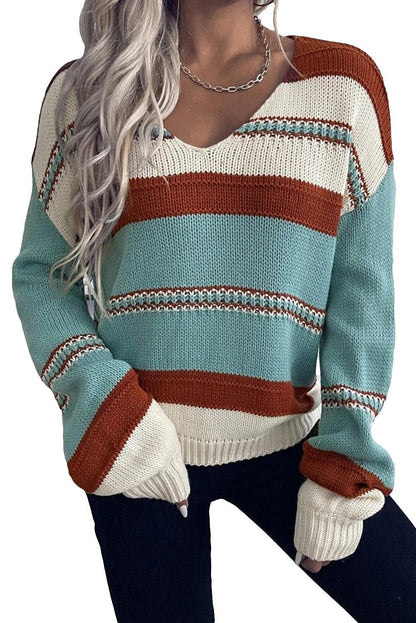 Sky Blue Striped Pattern Knit V Neck Sweater - L & M Kee, LLC