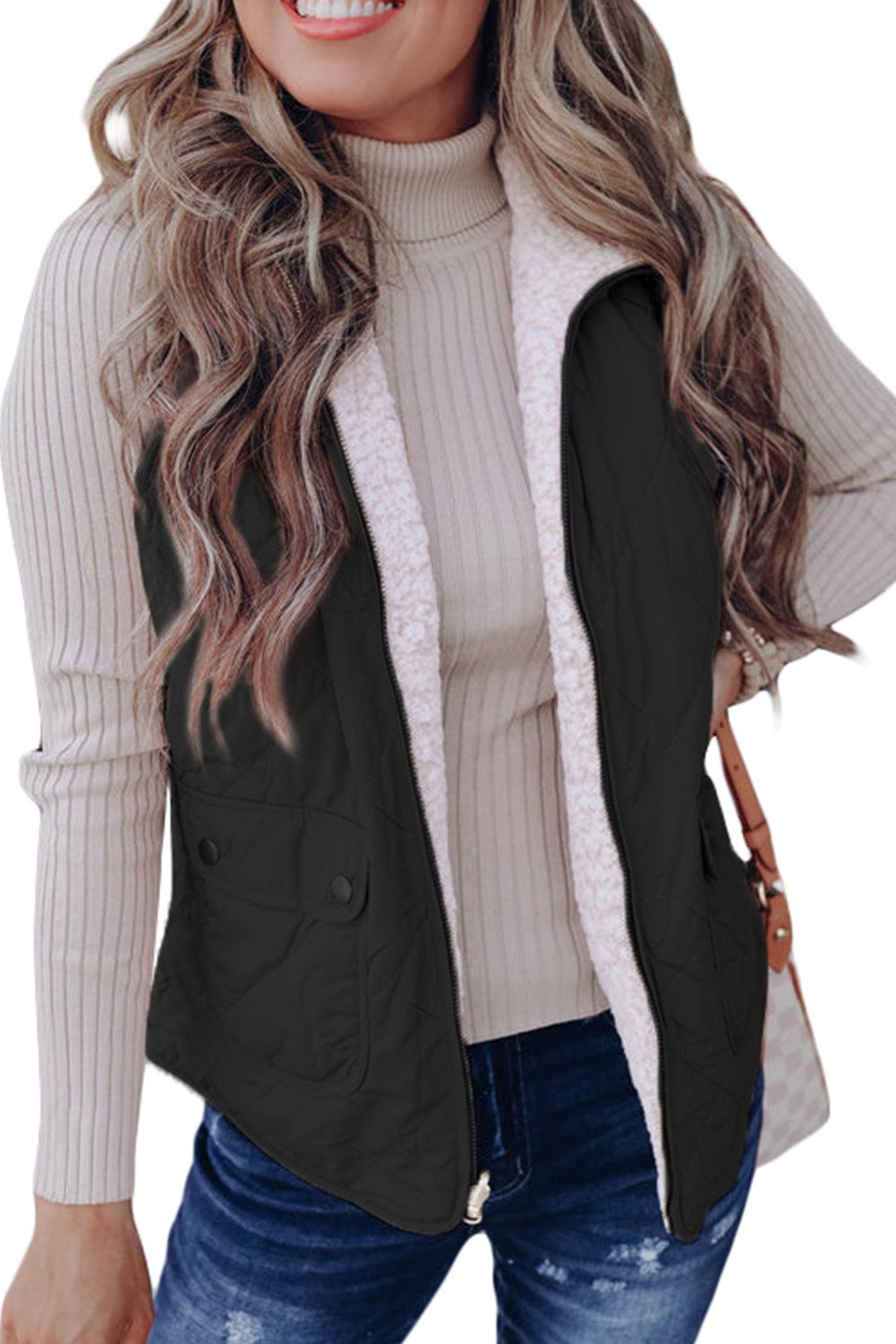 Black Fleece Lined Quilted Zip up Vest Coat - L & M Kee, LLC