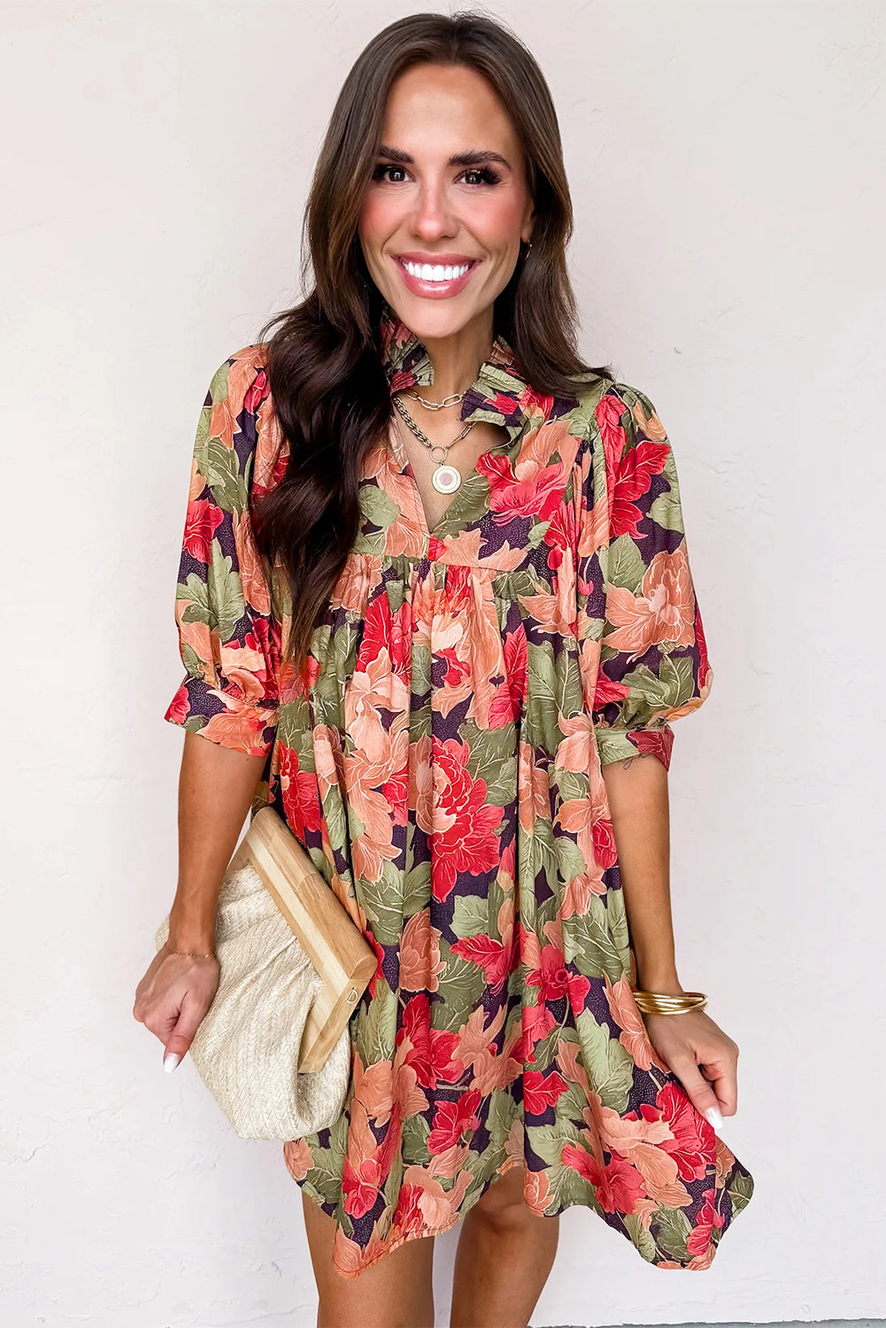 Green Floral Print Frilled Collar V Neck Half Sleeve Mini Dress