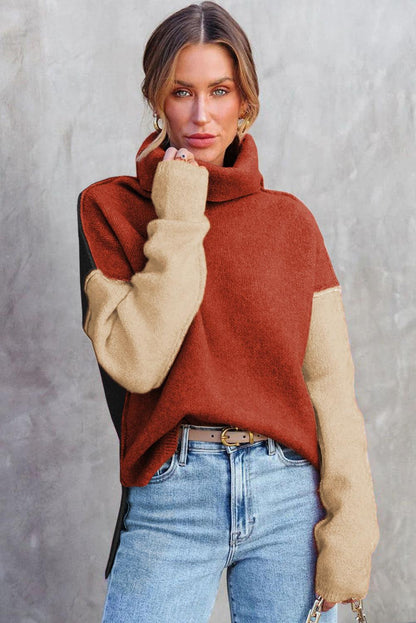 Khaki Color Block Turtle Neck Drop Shoulder Knit Sweater - L & M Kee, LLC