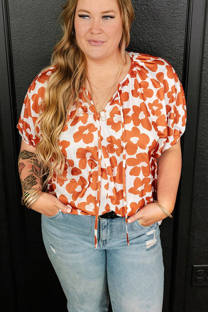 Orange Plus Size Floral Print Drawstring V Neck Short Sleeve Blouse - L & M Kee, LLC