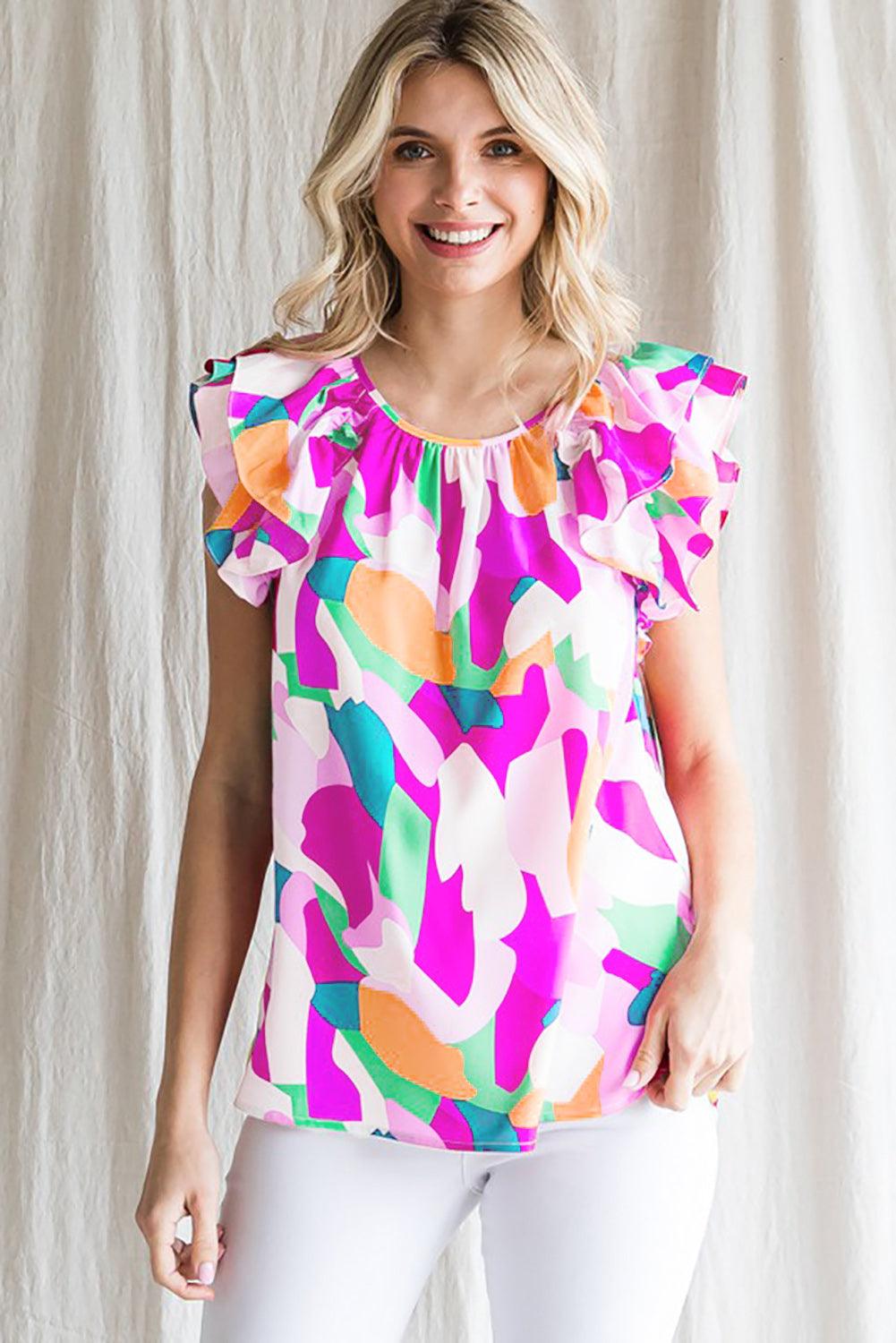 Multicolor Abstract Pattern Ruffle Short Sleeves Blouse - L & M Kee, LLC