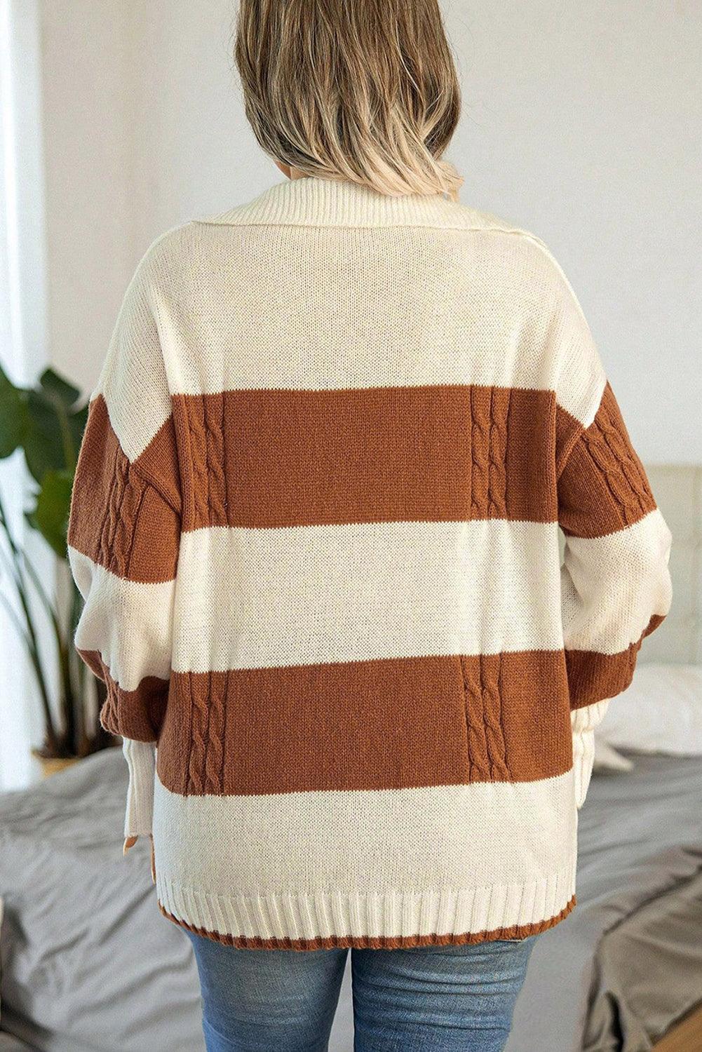 Stripes Collared Neck Corded Sweater - L & M Kee, LLC