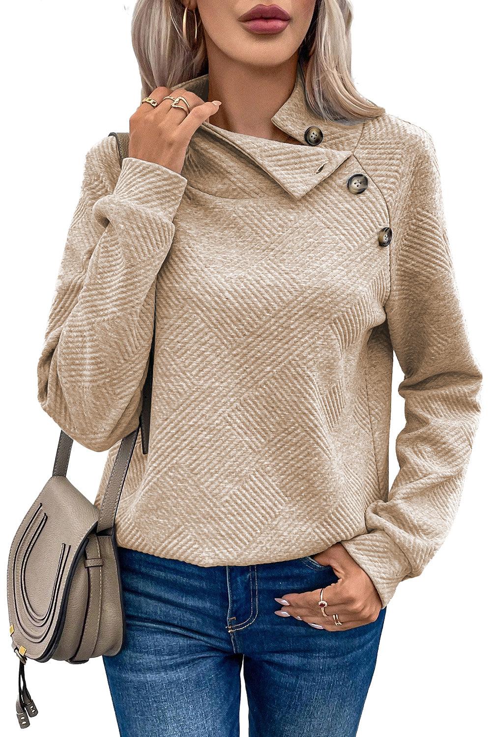 Gray Asymmetric Buttons Detail High Neck Textured Sweatshirt - L & M Kee, LLC