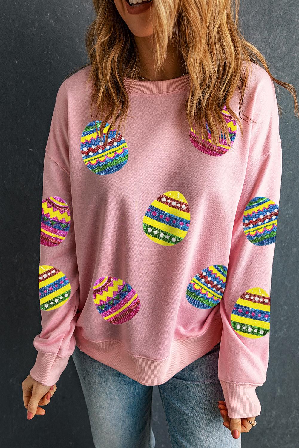 Pink Eater Egg Sequin Patched Crew Neck Sweatshirt - L & M Kee, LLC