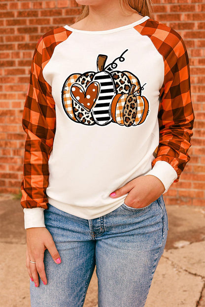 Halloween Pumpkin Graphic Plaid Raglan Long Sleeve Top - L & M Kee, LLC