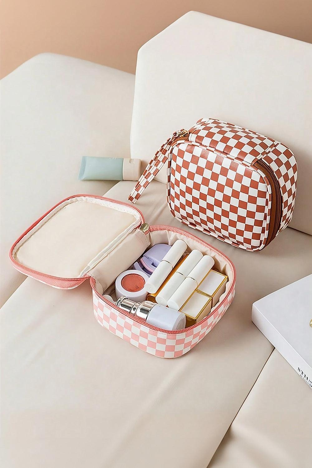 Light Pink Checkered Pattern Small Cosmetic Bag - L & M Kee, LLC