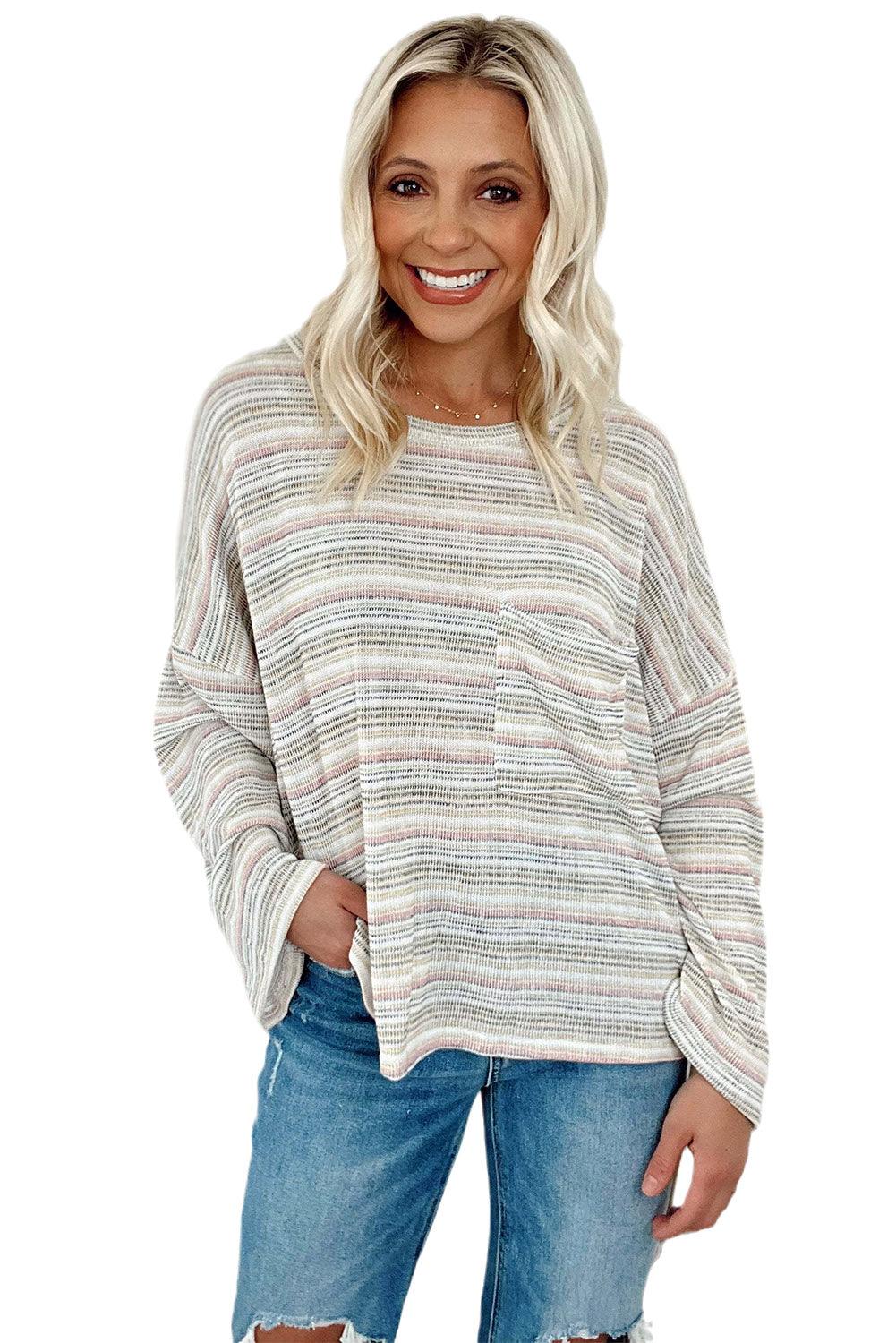 Multicolour Striped Drop Shoulder Loose Long Sleeve Knit Top - L & M Kee, LLC