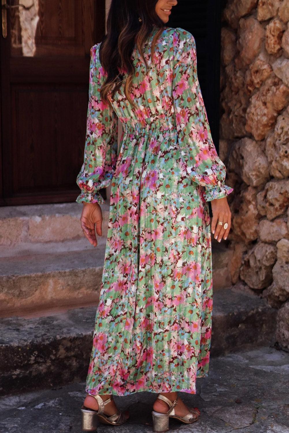 Green Floral Print Deep V Neck Ruched Cinched Waist Maxi Dress - L & M Kee, LLC