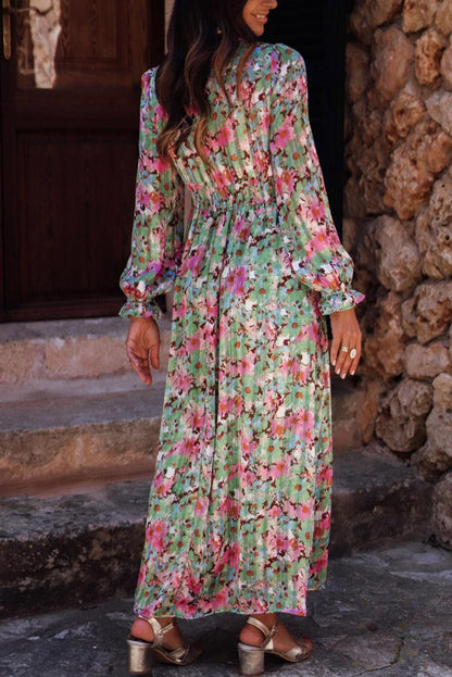 Green Floral Print Deep V Neck Ruched Cinched Waist Maxi Dress - L & M Kee, LLC