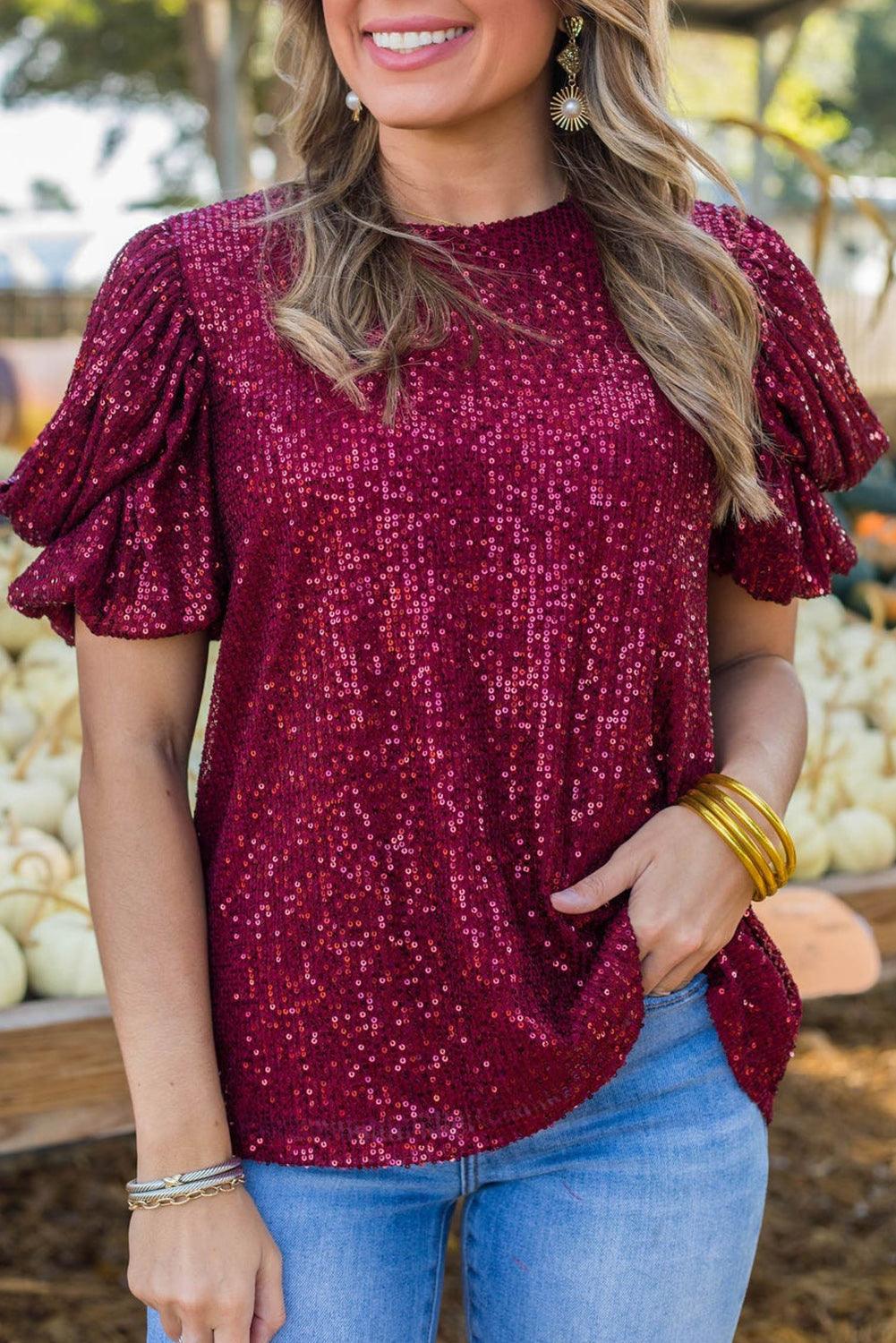 Burgundy Glittering Sequin Short Bubble Sleeve Blouse - L & M Kee, LLC