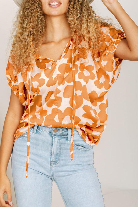 Orange Satin Floral Puff Sleeve Tied Split Neck Top - L & M Kee, LLC