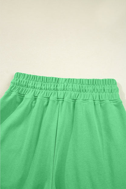 Bright Green Drop Shoulder Puff Sleeve Crop Pullover Drawstring Wide Leg Pants Set