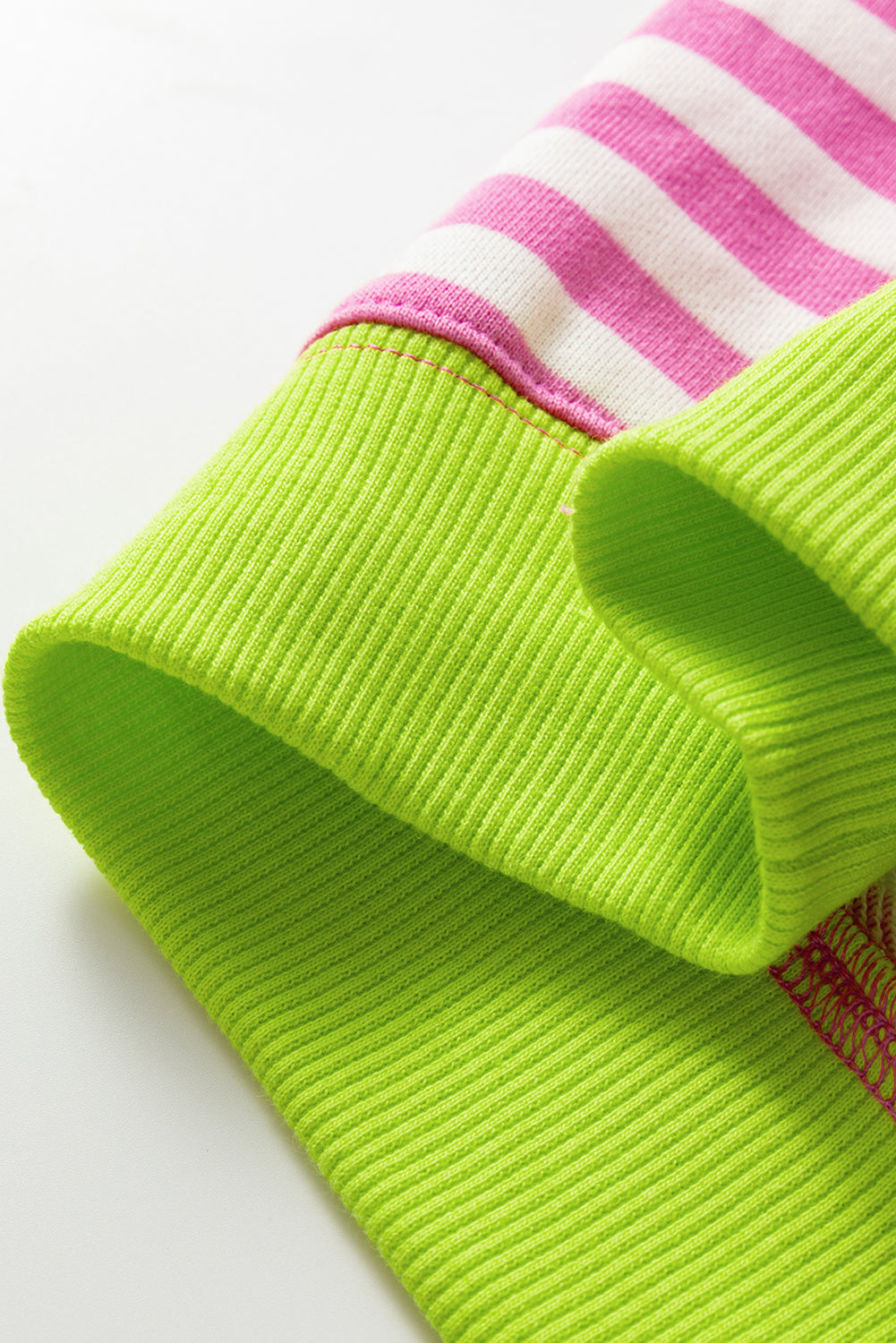 Rose Red Striped Contrast Ribbed Trim Crossed Stitch Drop Shoulder Sweatshirt