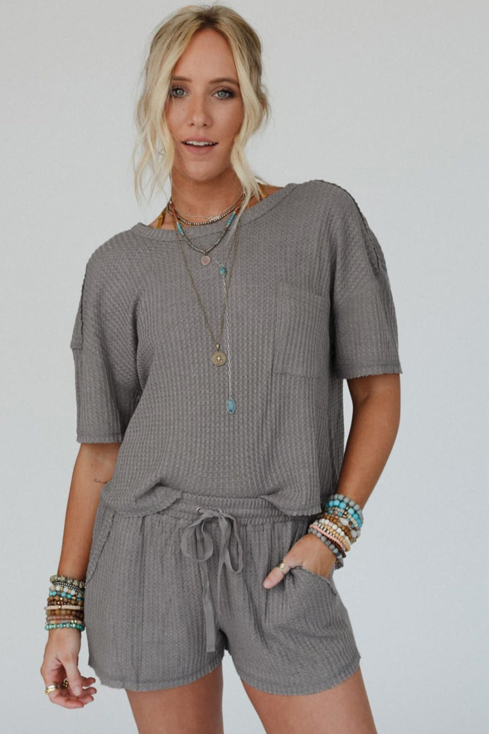 Gray Solid Color Waffle Knit T Shirt and Shorts Set