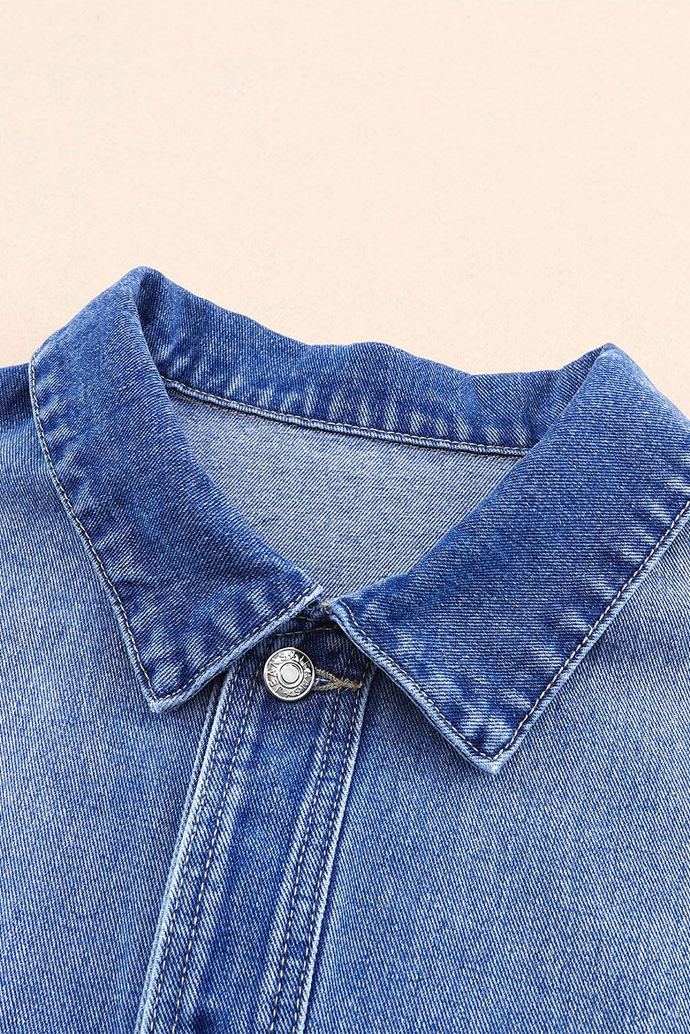 Blue Chest Pockets Drop Shoulder Loose Denim Jacket - L & M Kee, LLC