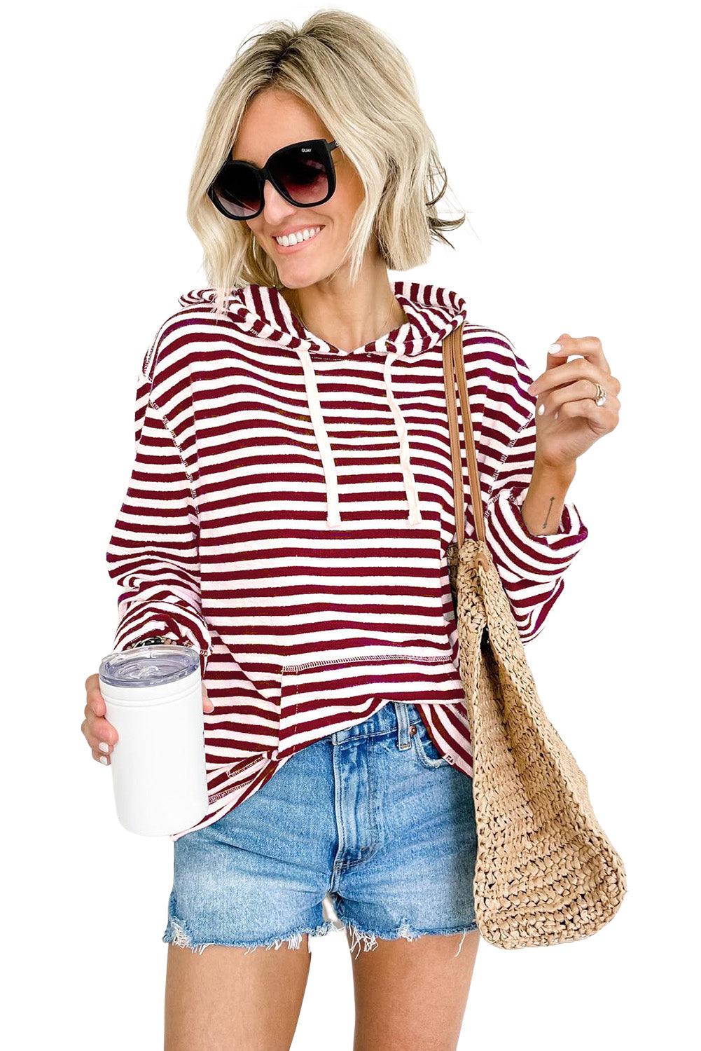 Stripe Kangaroo Pocket Drawstring Hoodie - L & M Kee, LLC