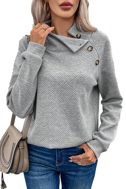 Gray Asymmetric Buttons Detail High Neck Textured Sweatshirt - L & M Kee, LLC