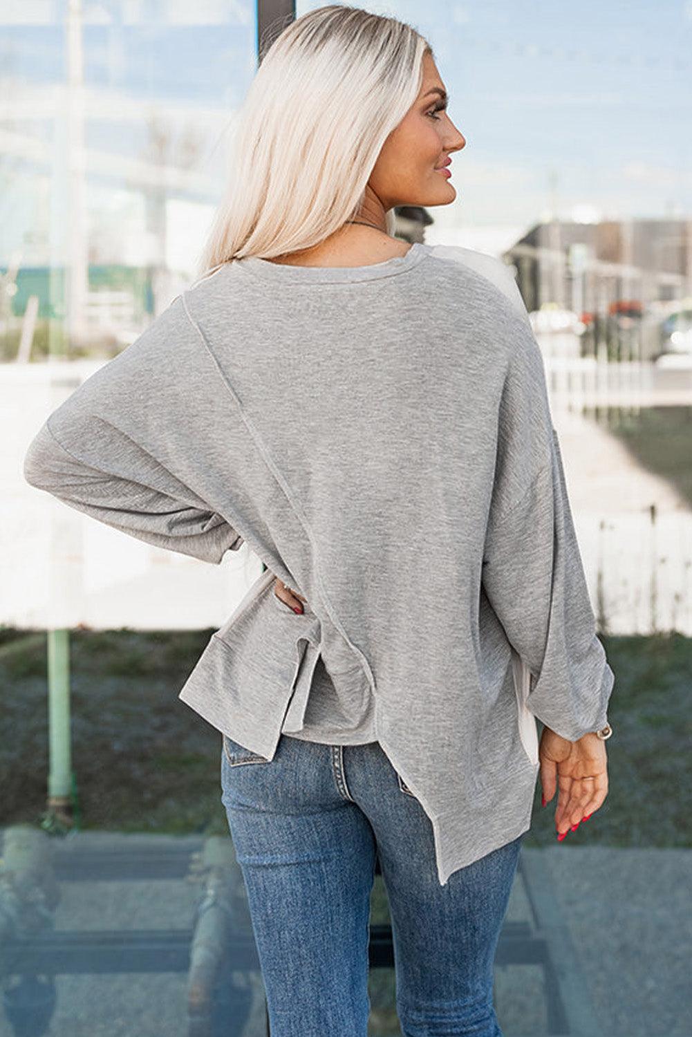 Khaki Colorblock Stitching Irregular Hem Long Sleeve Top - L & M Kee, LLC