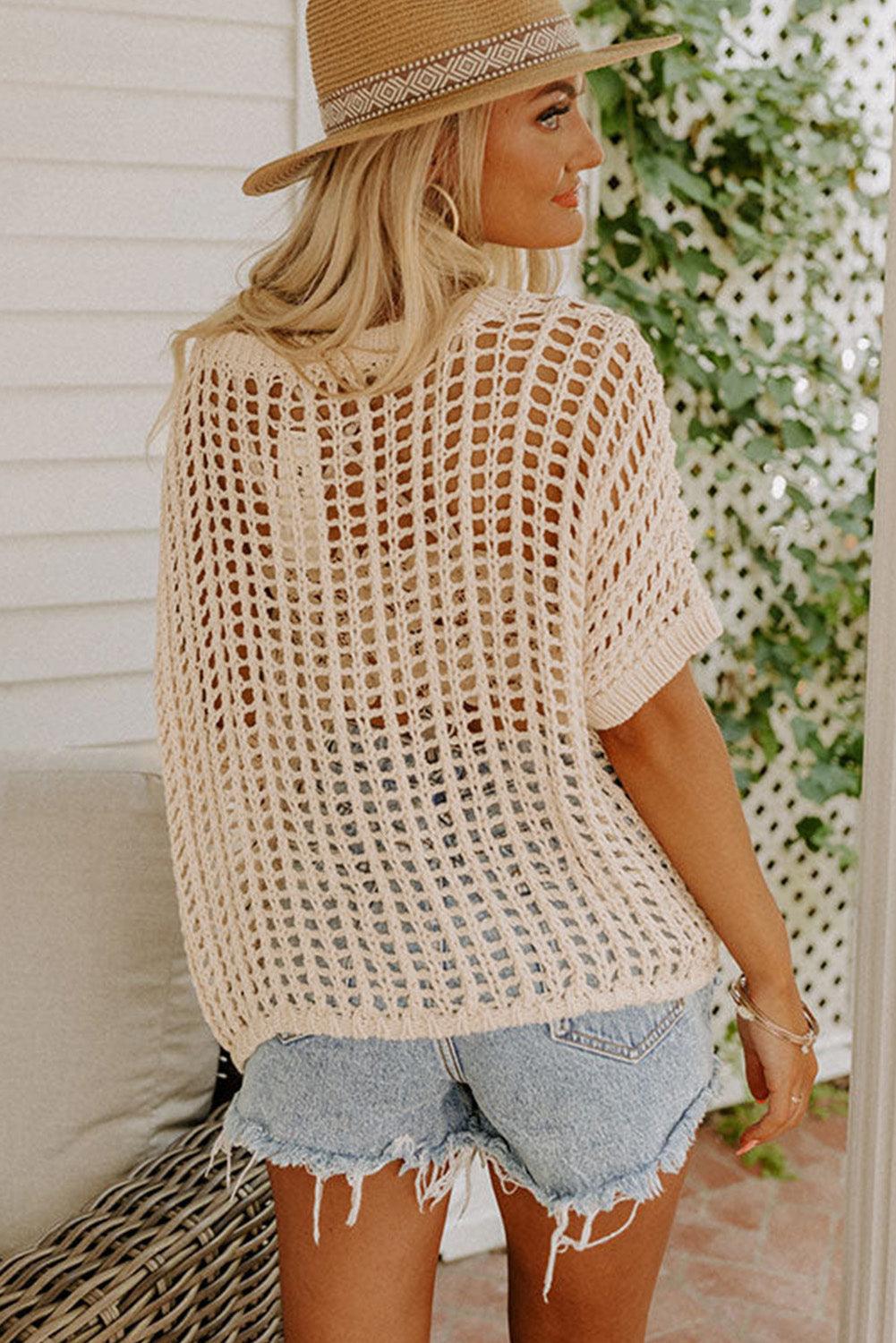 Apricot Fishnet Knit Ribbed Round Neck Short Sleeve Sweater Tee - L & M Kee, LLC