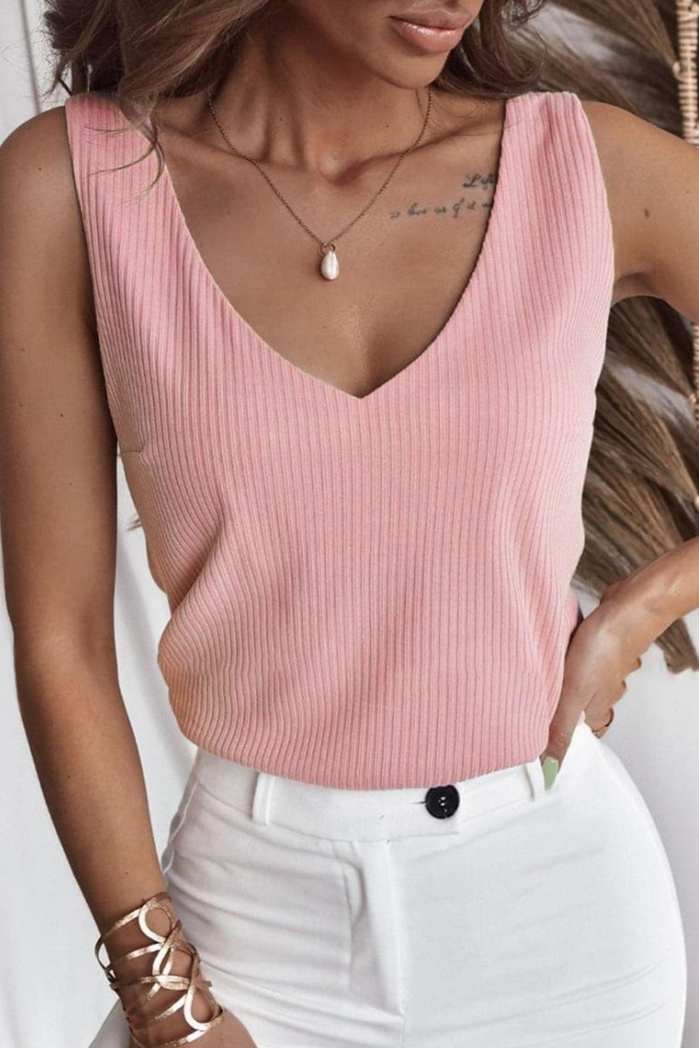 Light Pink V Neck Rib Textured Tank Top - L & M Kee, LLC