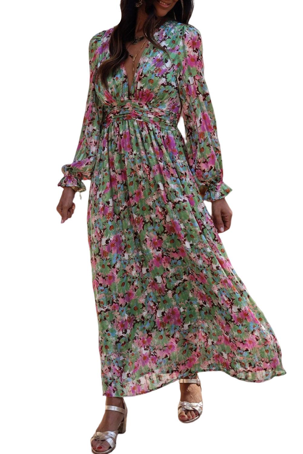 Green Floral Print Deep V Neck Ruched Cinched Waist Maxi Dress - L & M Kee, LLC