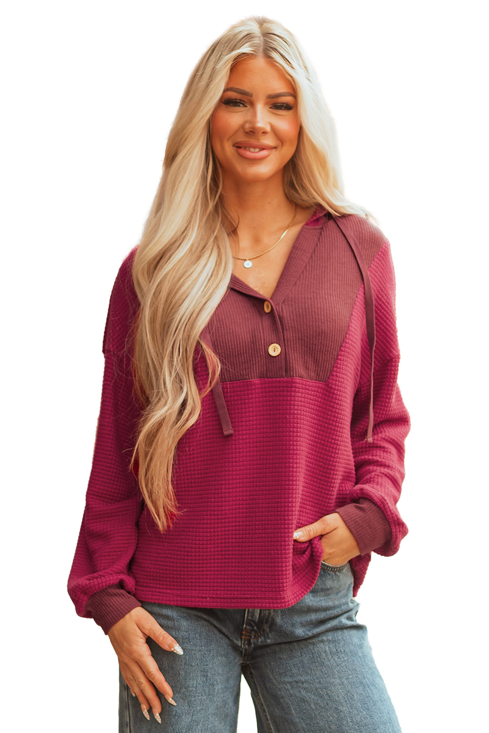 Oatmeal Waffle Patchwork Drop Shoulder Hooded Long Sleeve Top