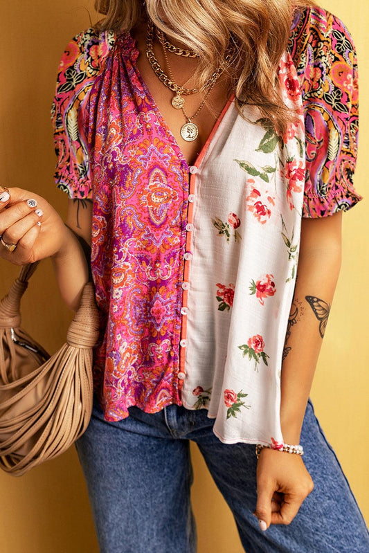 Multicolour Boho Floral Patchwork Buttoned Short Sleeve Blouse - L & M Kee, LLC