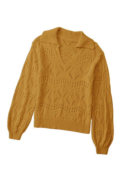 Khaki Hollowed Pattern Knit V Neck Collared Sweater - L & M Kee, LLC