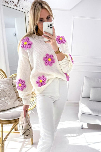 White Floral Crochet Chunky Knit Sweater - L & M Kee, LLC