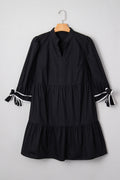 Black Contrast Trim Knot Cuffs Plus Size V Neck Mini Dress