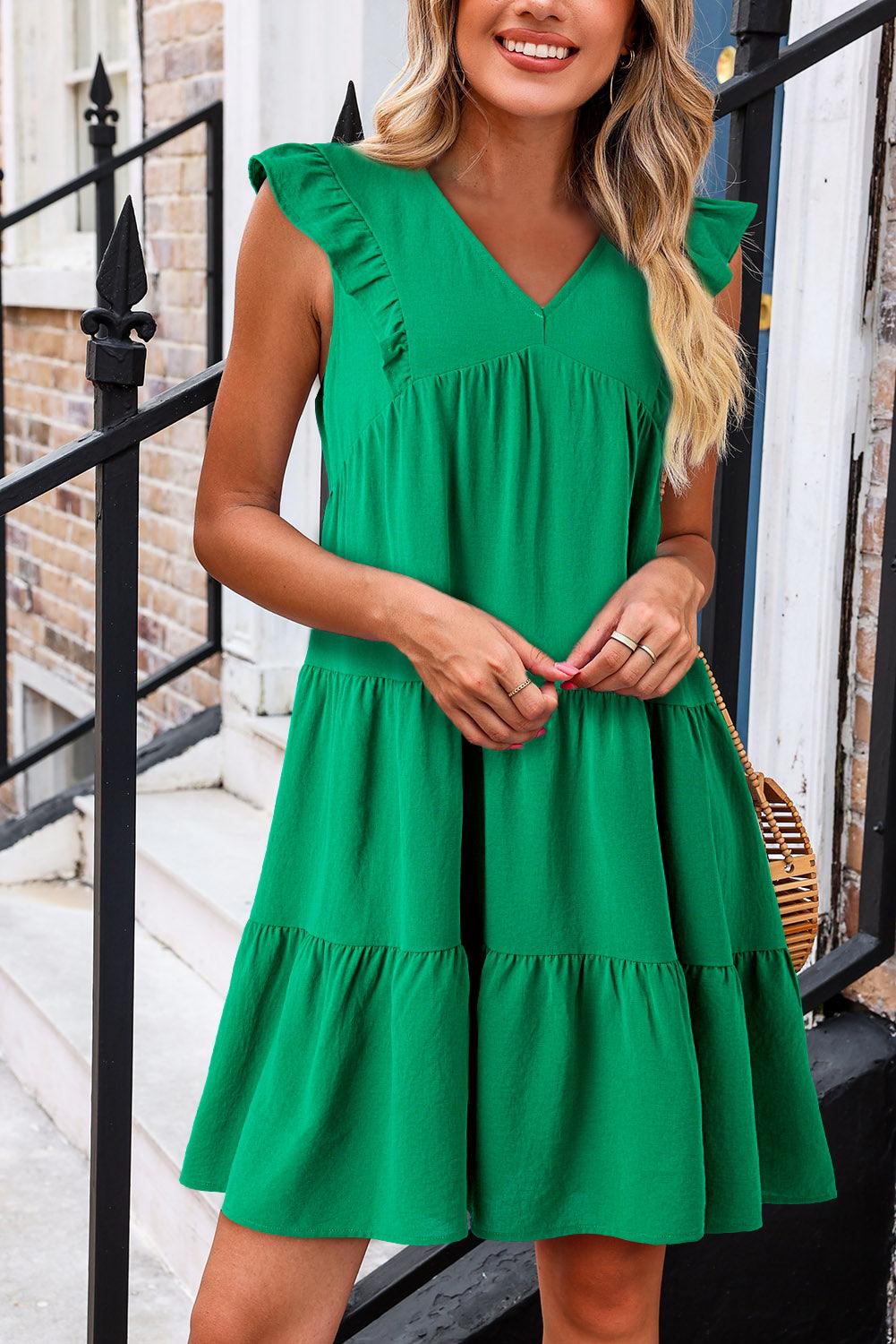 Bright Green Solid Color V Neck Ruffle Tiered Mini Dress - L & M Kee, LLC