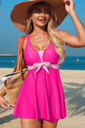 Rose Red Color Block Patchwork Bow Knot Detail Sleeveless Swim Dress
