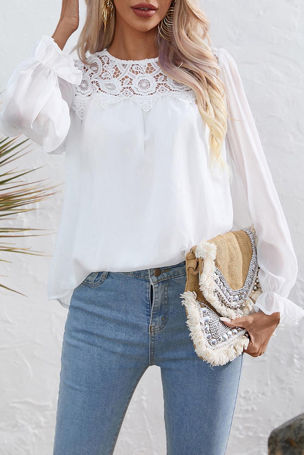 White Lace Patch Sheer Flounce Sleeve Blouse - L & M Kee, LLC