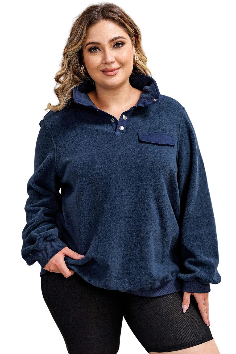 Blue Snap Buttons Pullover Plus Size Fleece Sweatshirt - L & M Kee, LLC