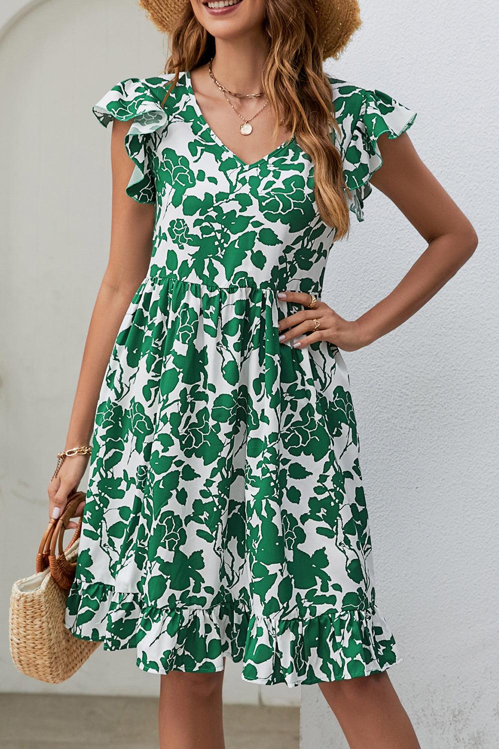 Dark Green Leaf Print V Neck Flutter Sleeve Dress - L & M Kee, LLC