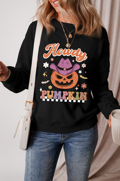 Black Halloween Howdy PUMPKIN Print Crew Neck Pullover Sweatshirt