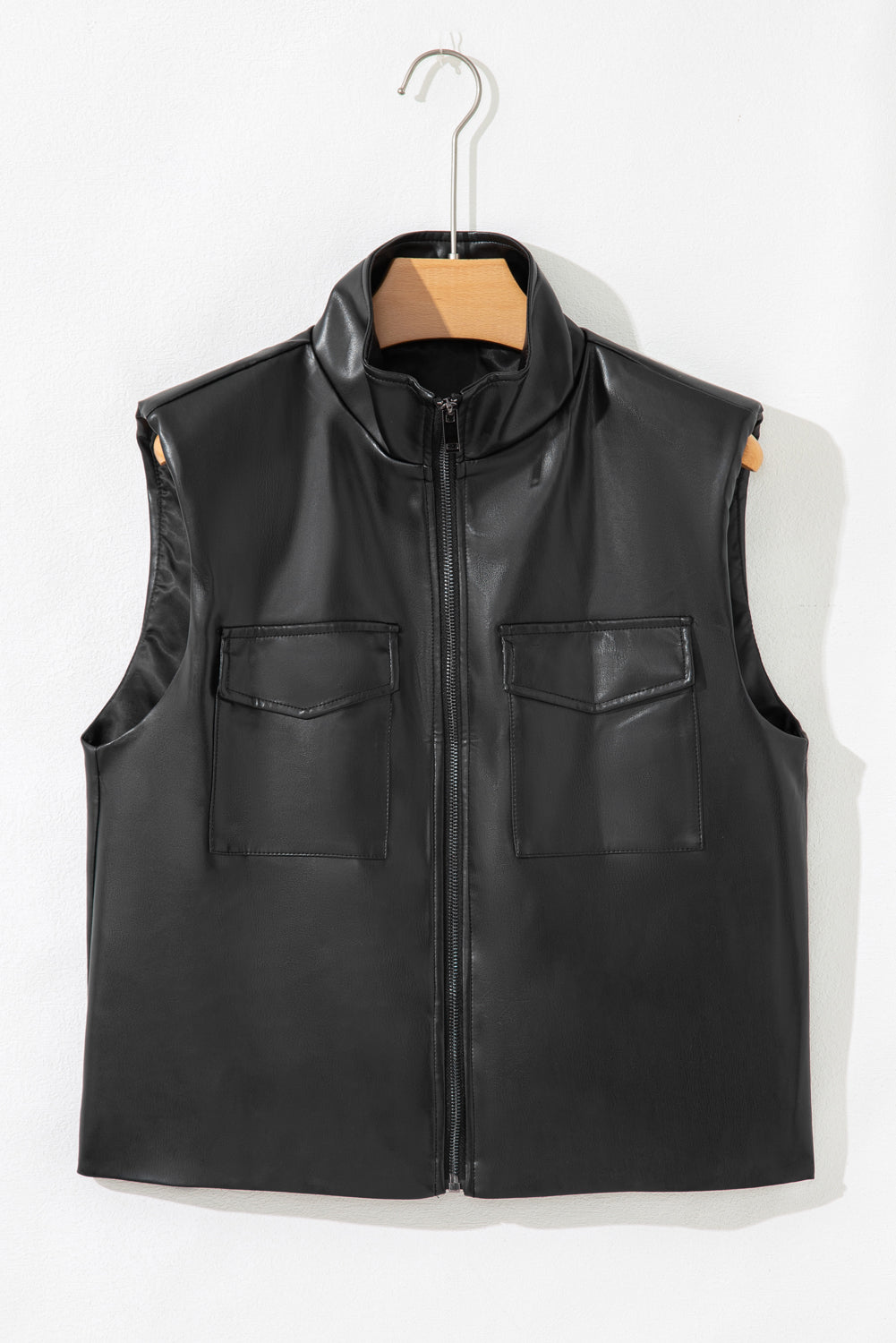 Black Double Flap Pocket Faux Leather Zip Up Stand Neck Vest