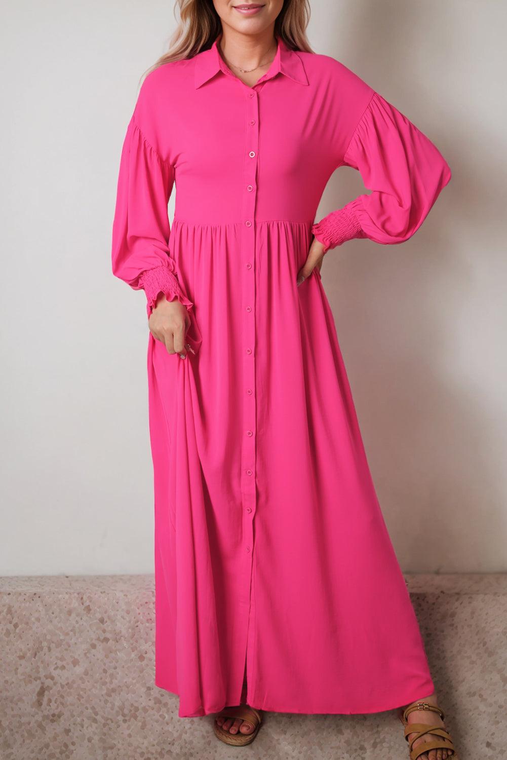 Rose Bubble Sleeve Shirt Maxi Dress - L & M Kee, LLC