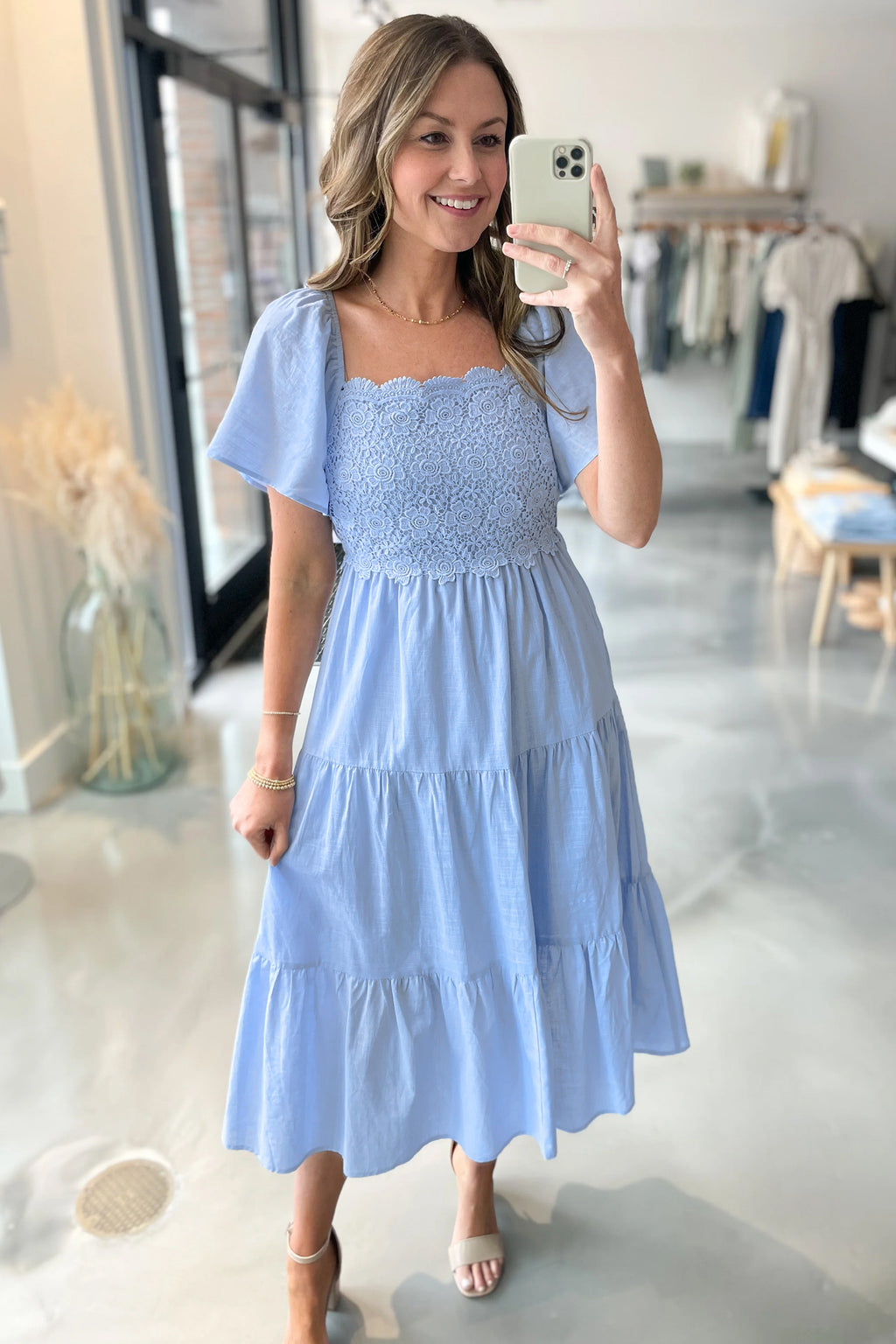 Beau Blue Flowy Short Sleeve Lace Detail Square Neck Tiered Midi Dress